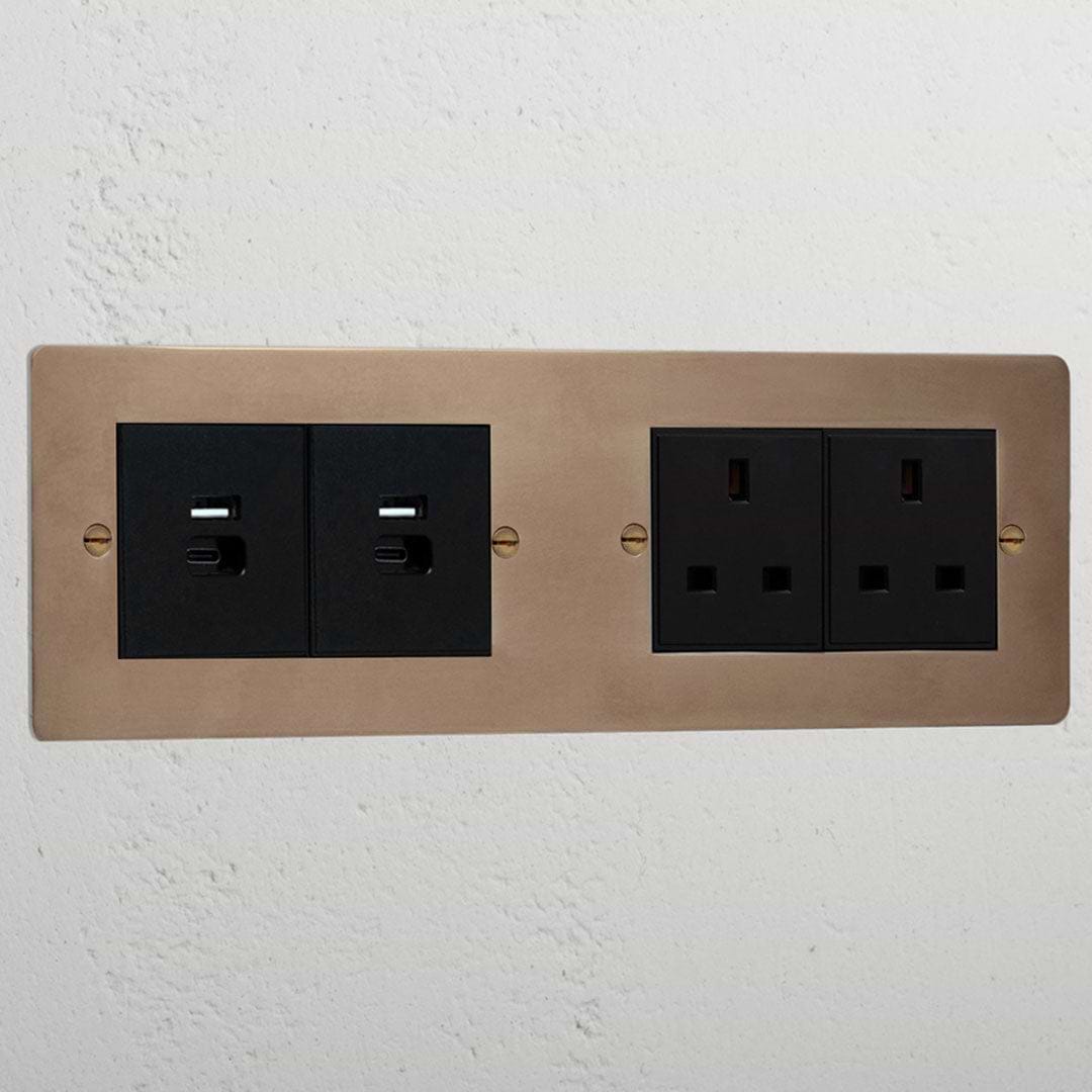 Luxury antique brass 2x 13A socket and 2x USB A+C fast charge socket black