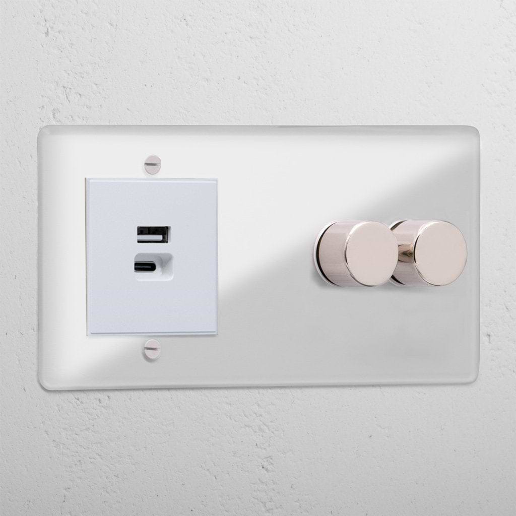 Designer clear polished nickel 2 gang dimmer switch and USB A+C fast charge socket white