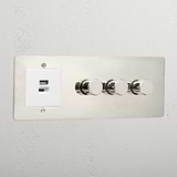 Elegant polished nickel 3 gang dimmer switch and USB A+C fast charge white