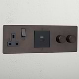 Bronze designer 2 gang dimmer and USB A+C fast charge and single socket black