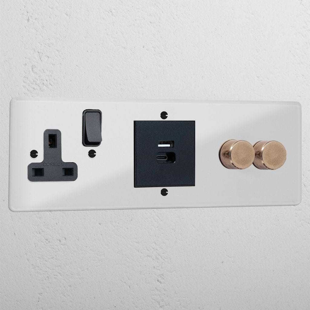 Modern clear antique brass 2 gang dimmer + USB A+C fast charge and single socket black