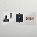 Modern clear antique brass 2 gang dimmer + USB A+C fast charge and single socket black