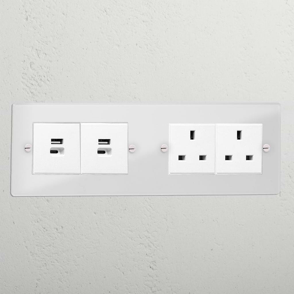 Clear luxury 2x 13A socket and 2x USB A+C fast charge socket white