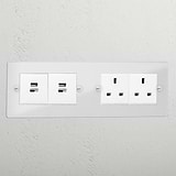 Clear luxury 2x 13A socket and 2x USB A+C fast charge socket white