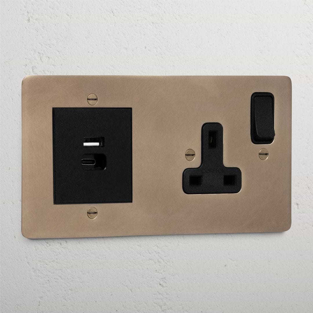 Premium antique brass single socket and USB A+C fast charge black