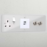 Premium clear polished nickel 2 gang toggle and USB A+C fast charge and single socket white