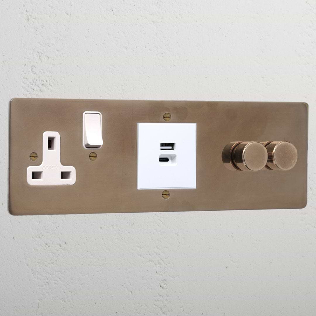 Premium antique brass 2 gang dimmer and USB A+C fast charge and single socket white