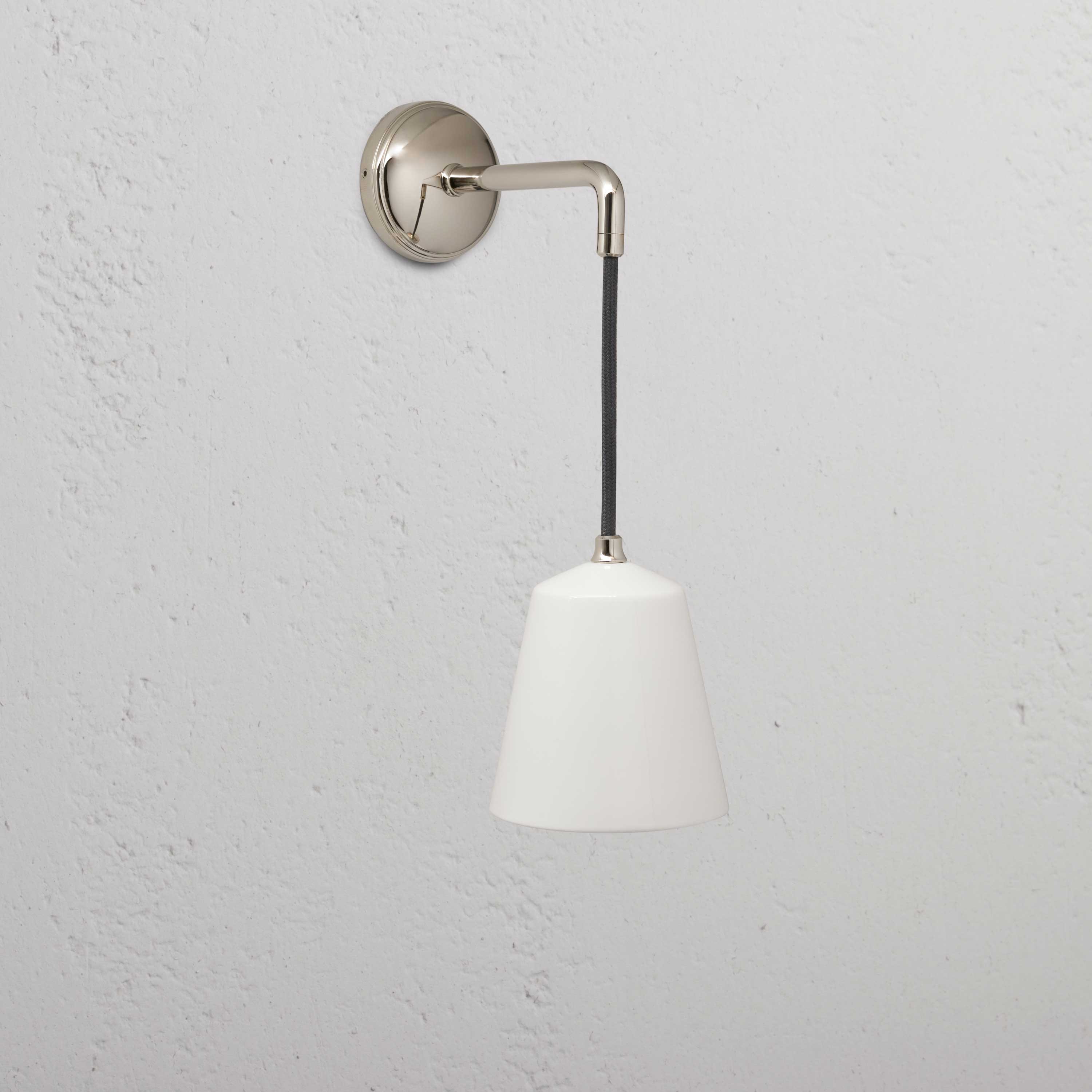 Luxury Polished Nickel Hanging Wall Light on Textured Wall Paired with a Fine Porcelain Shade