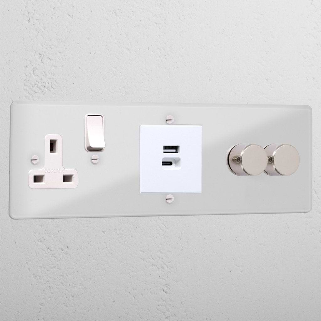 Elegant clear polished nickel 2 gang dimmer light switch and USB A+C fast charge and single socket white