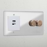 Clear 2 gang dimmer switch and USB A+C fast charge interior socket white