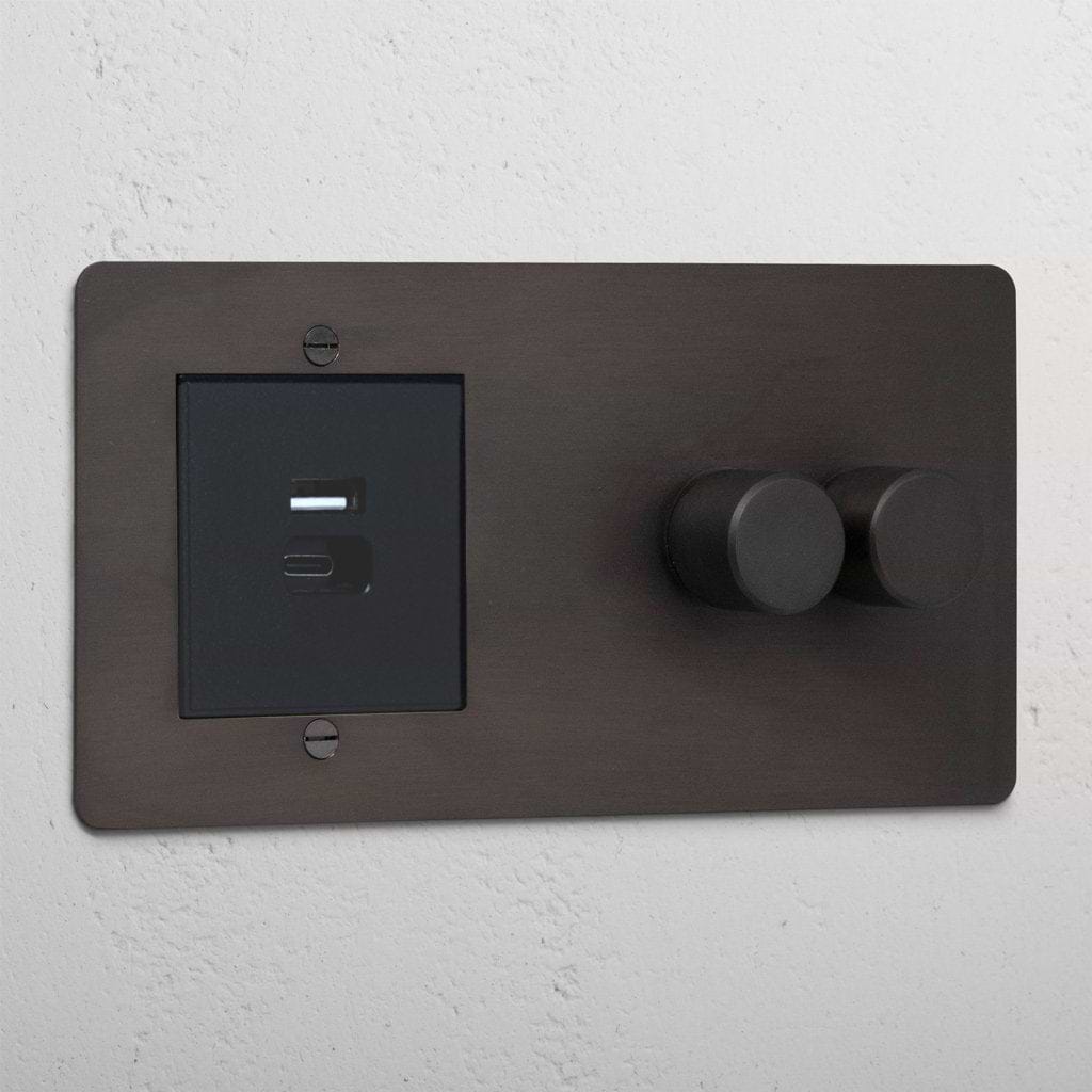 Bronze interior 2 gang dimmer switch and USB A+C fast charge black