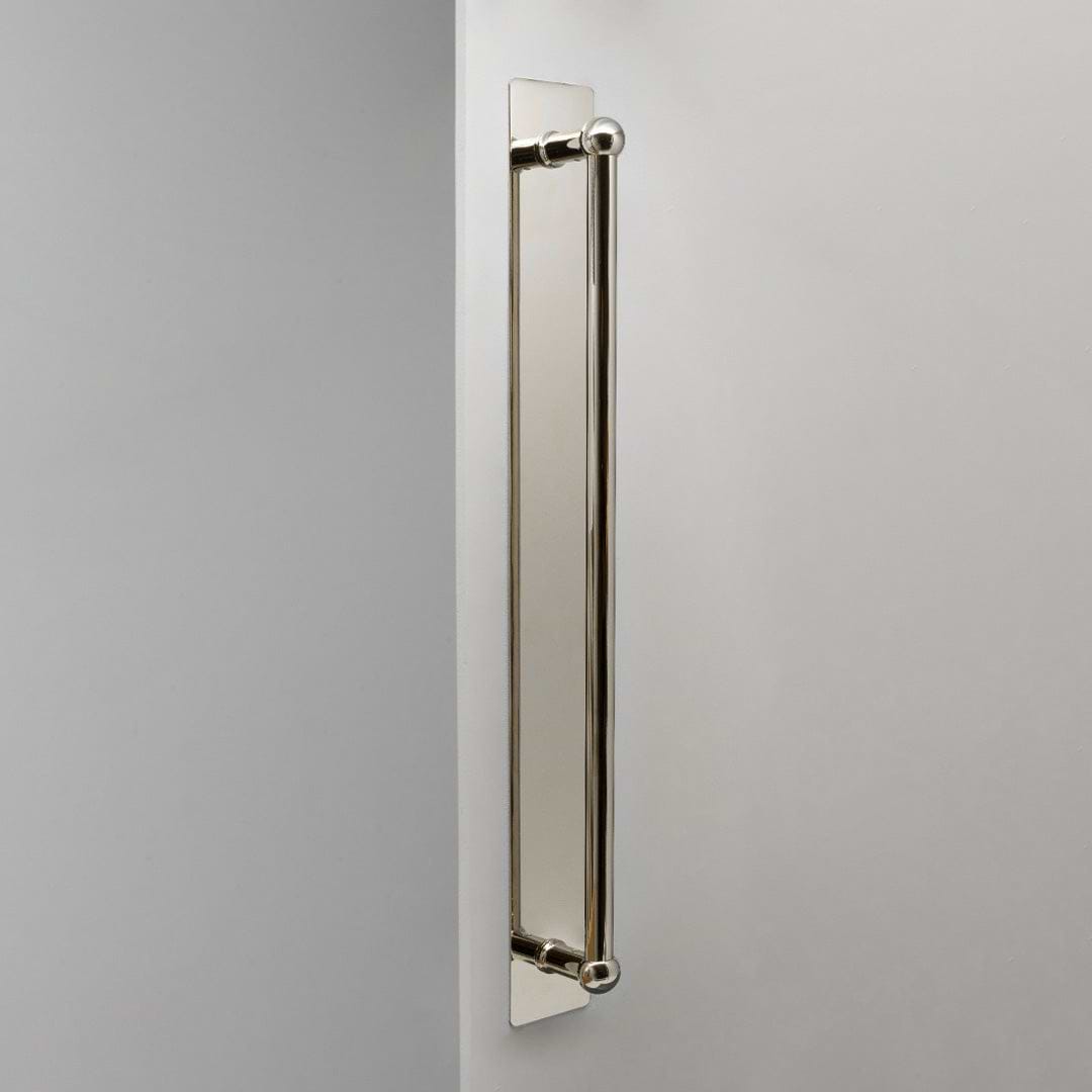 Polished Nickel Harper Single Pull Handle with Plate 500mm on White Background