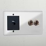 Luxury clear antique brass 2 gang toggle switch and USB A+C fast charge black