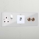 Clear 2 gang toggle and USB A+C fast charge and single socket white
