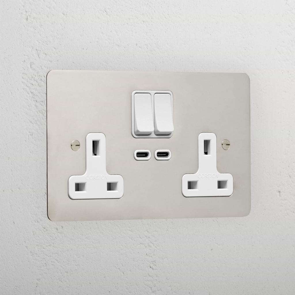 Luxury polished nickel double socket with USB-C fast charge white