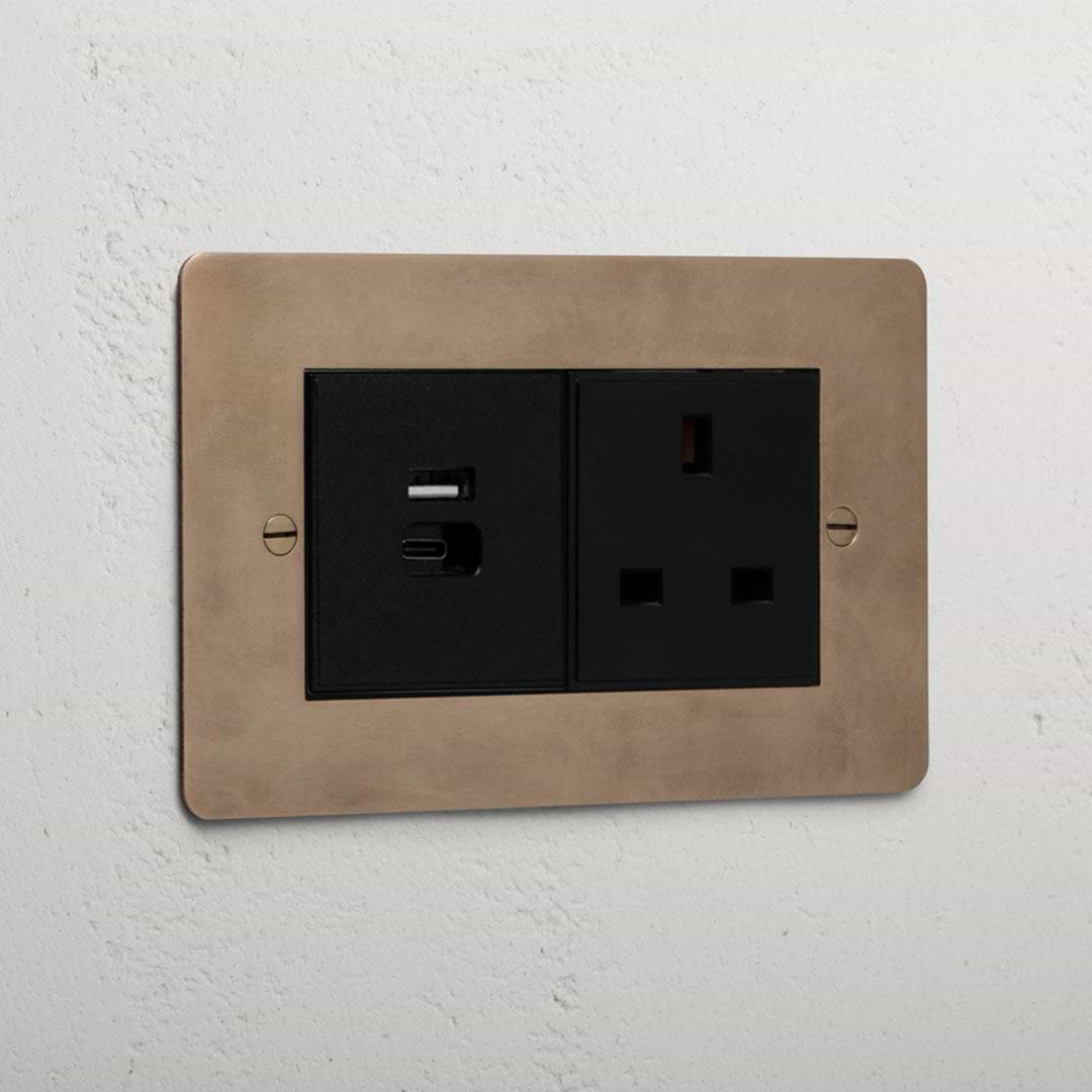 Premium antique brass 13A socket and USB A+C fast charge socket black