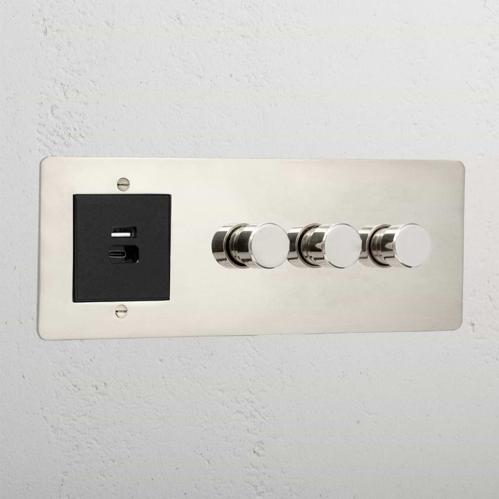 Designer polished nickel 3 gang dimmer switch and USB A+C fast charge black