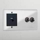 Clear 2 gang toggle switch AND USB A+C fast charge black