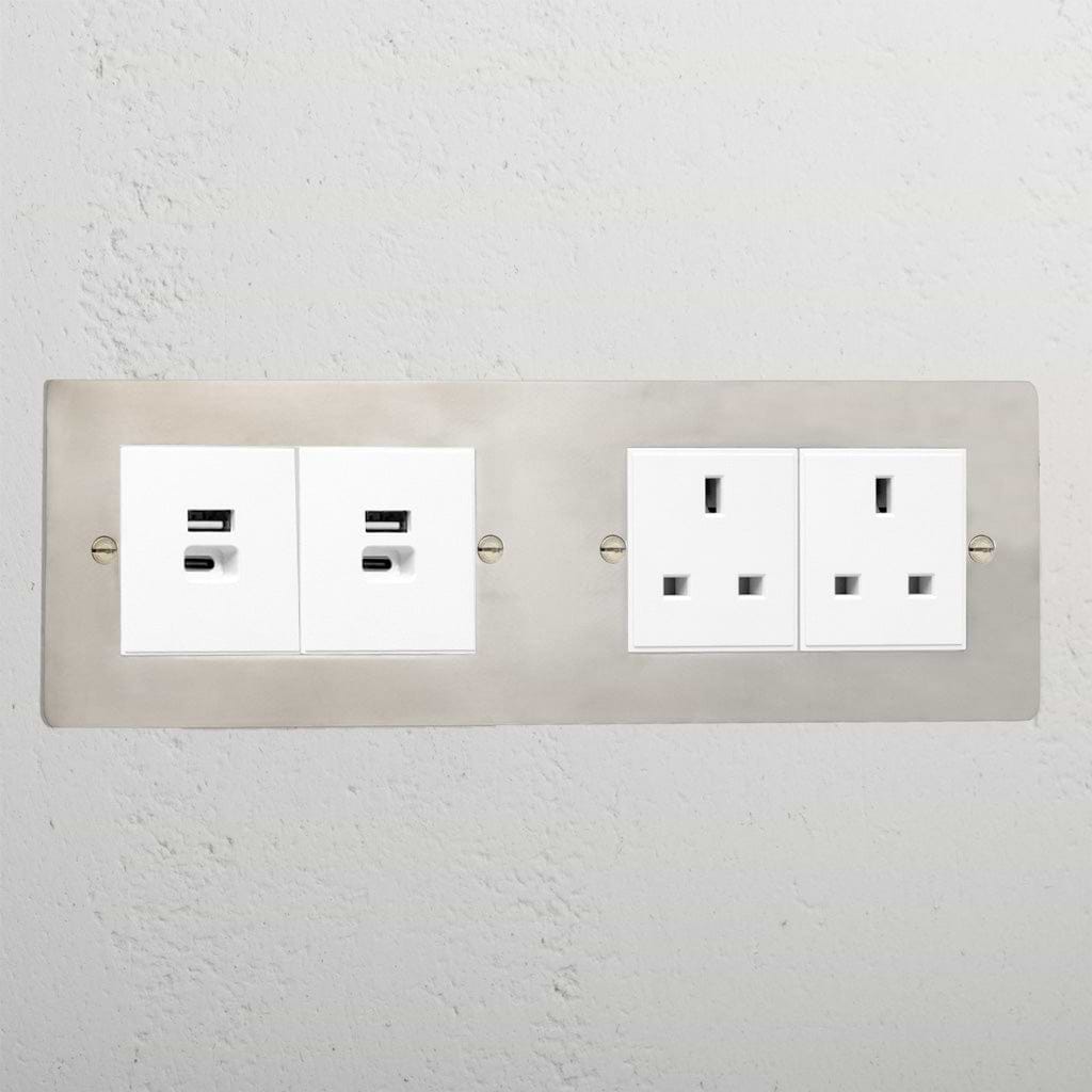 Premium polished nickel 2x 13A socket and 2x USB A+C fast charge white