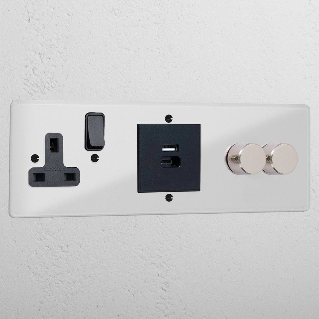 2G Dimmer + USB A+C Fast Charge + Single Socket - Clear Polished Nickel Black