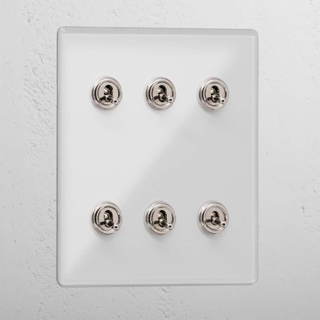 Elegant clear polished nickel 6 gang 2 way toggle light switch