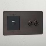 Bronze modern 2 gang toggle and USB A+C fast charge switch black