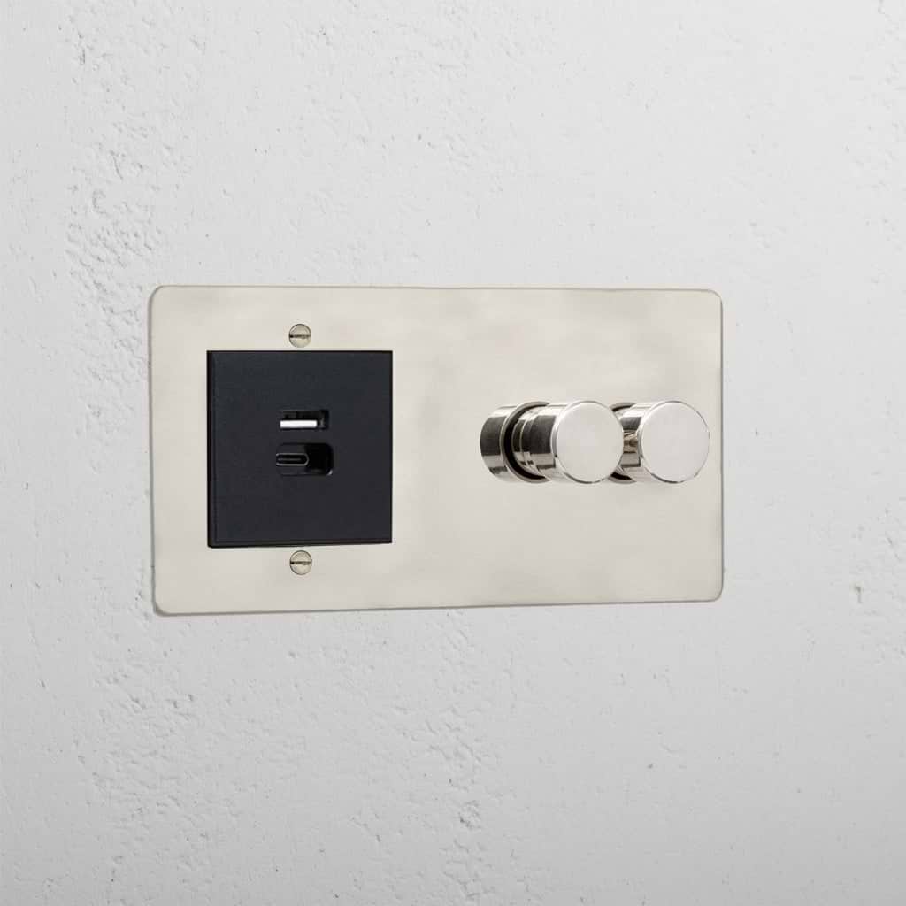 Premium polished nickel 2 gang dimmer switch and USB A+C fast charge socket black