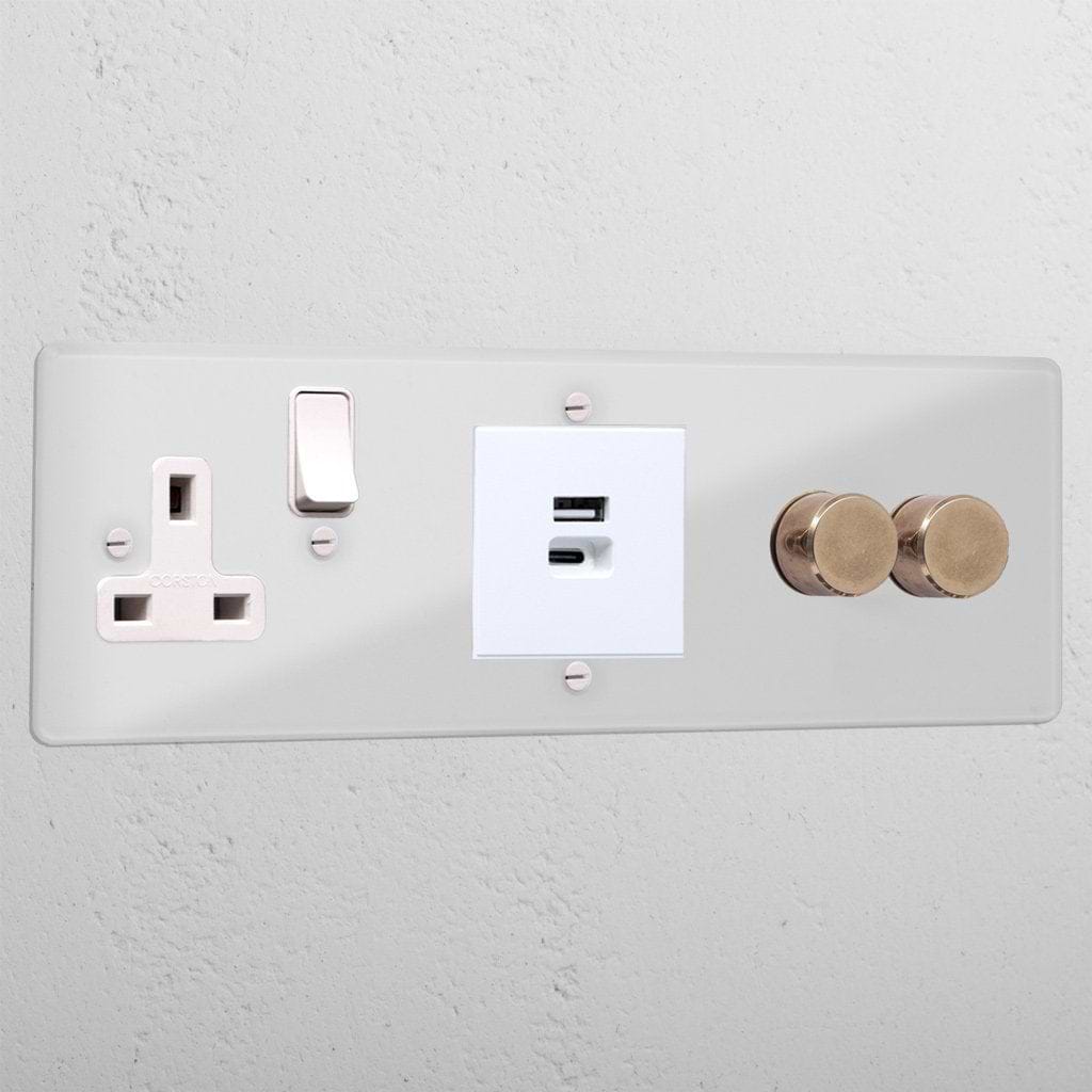 Clear 2 gang 2 way dimmer and USB A+C fast charge and single socket white
