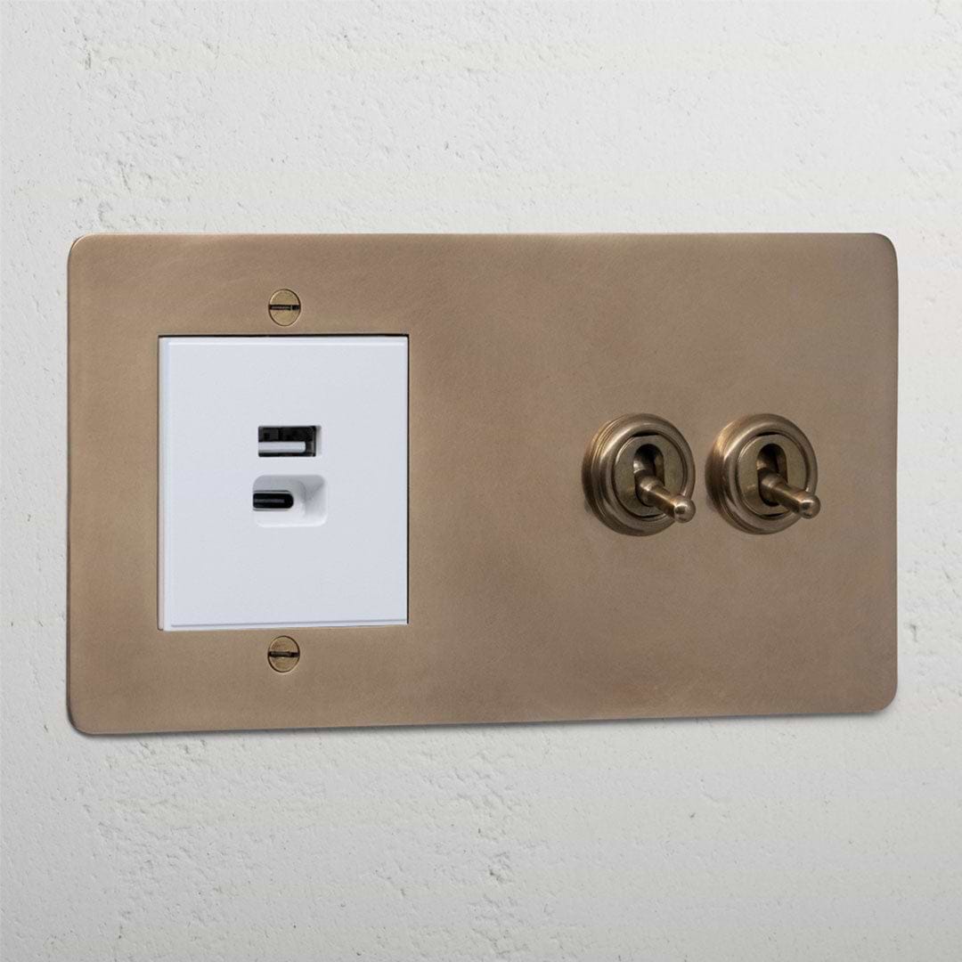 Designer antique brass 2 gang toggle light switch and USB A+C fast charge socket white