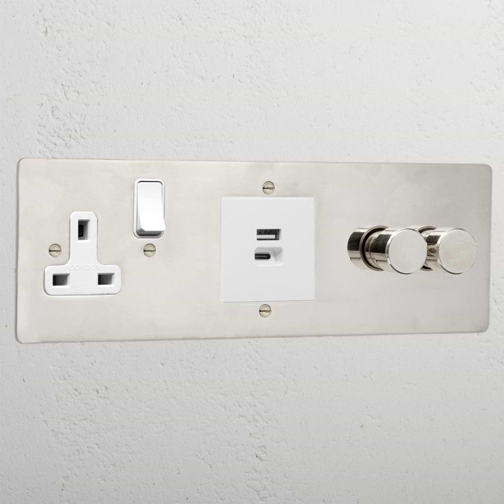 Designer polished nickel 2 gang dimmer and USB A+C fast charge and single socket white