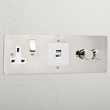 Designer polished nickel 2 gang dimmer and USB A+C fast charge and single socket white
