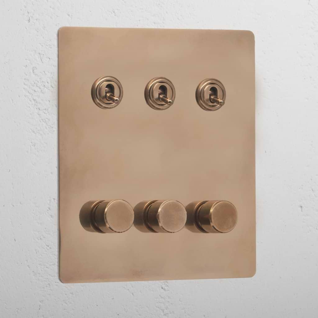 Premium antique brass 6 gang mixed light switch