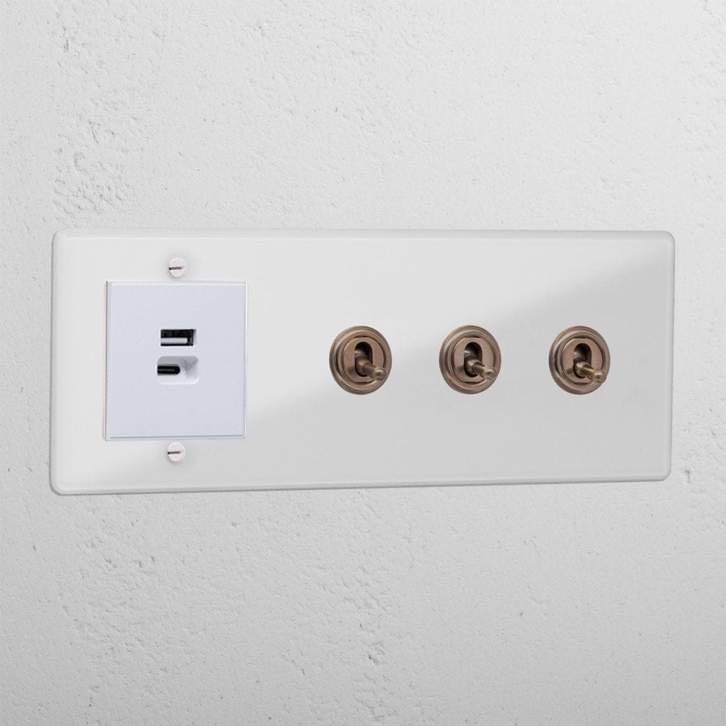 Clear 3 gang toggle light switch and USB A+C fast charge luxury socket white