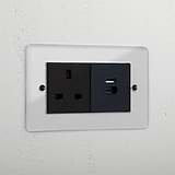 Clear 13A socket and USB A+C fast charge black