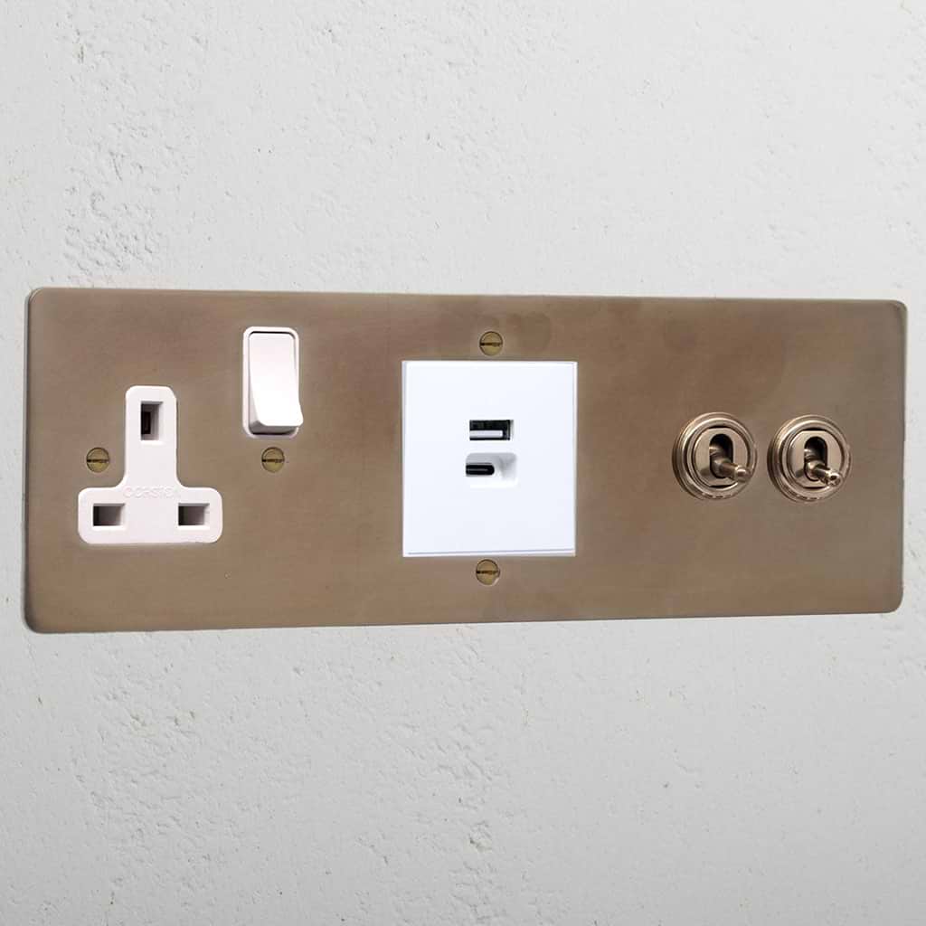 Luxury antique brass 2 gang toggle and USB A+C fast charge and single socket white