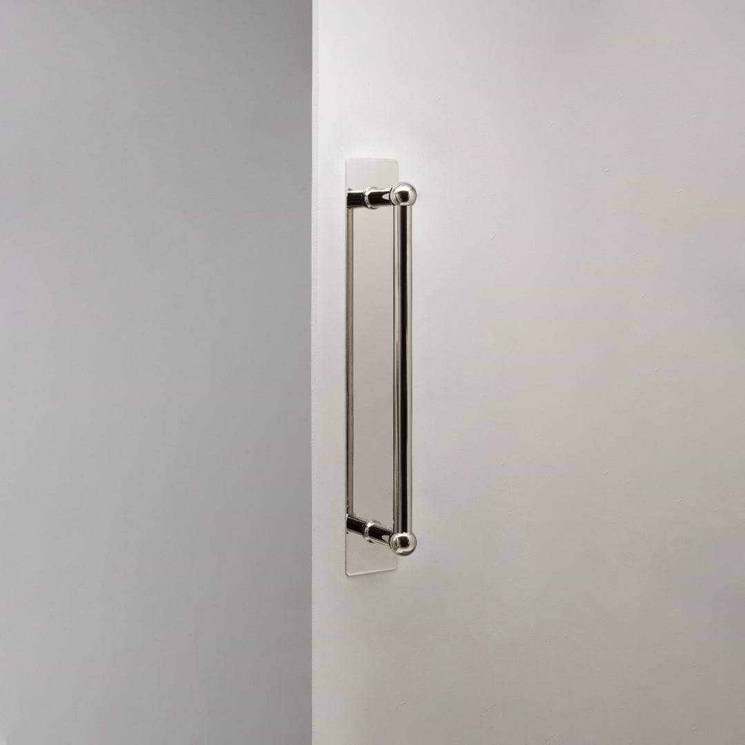 Polished Nickel Harper Single Pull Handle with Plate 320mm on White Background