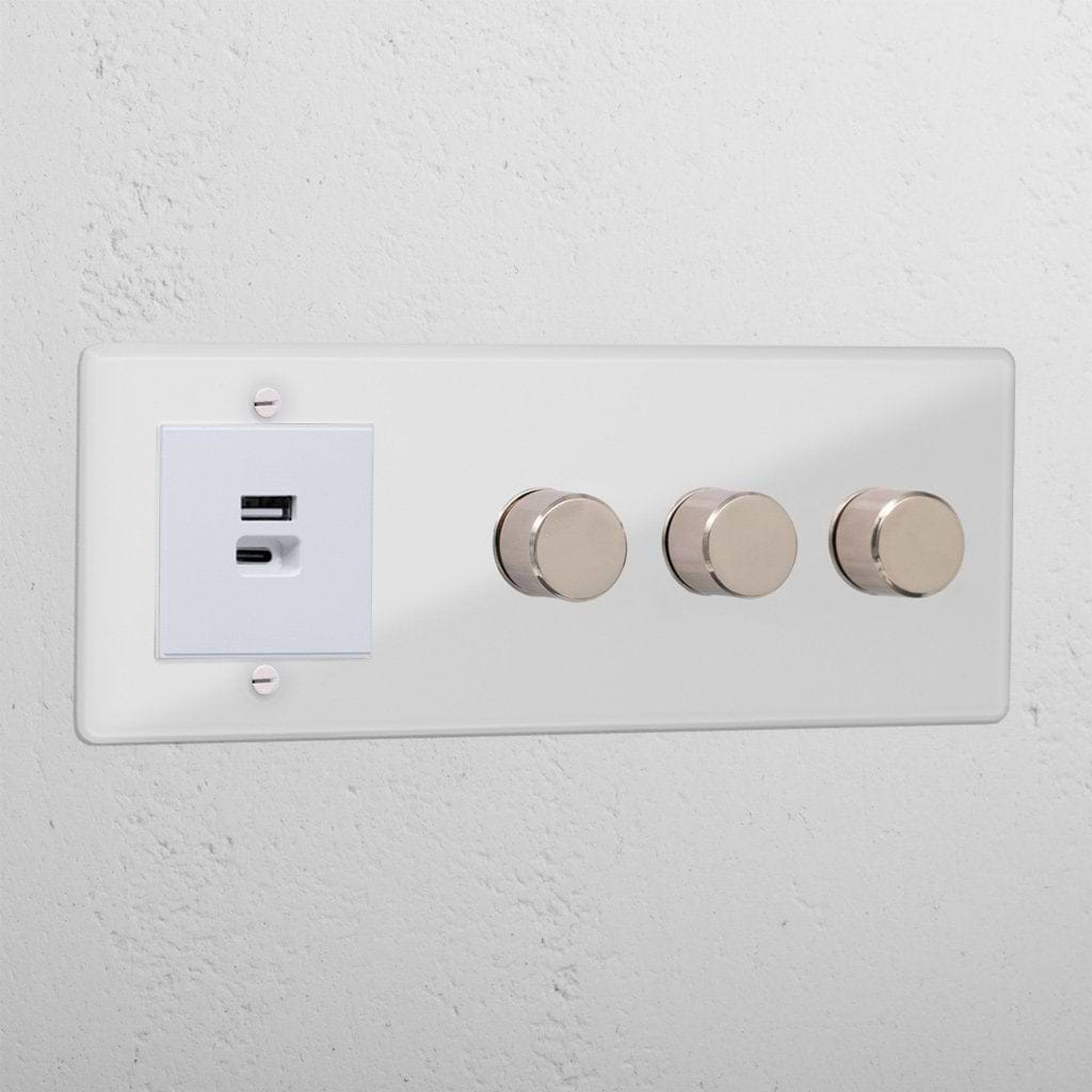 Luxury 3 gang dimmer switch and USB A+C fast charge socket white