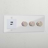 Luxury 3 gang dimmer switch and USB A+C fast charge socket white