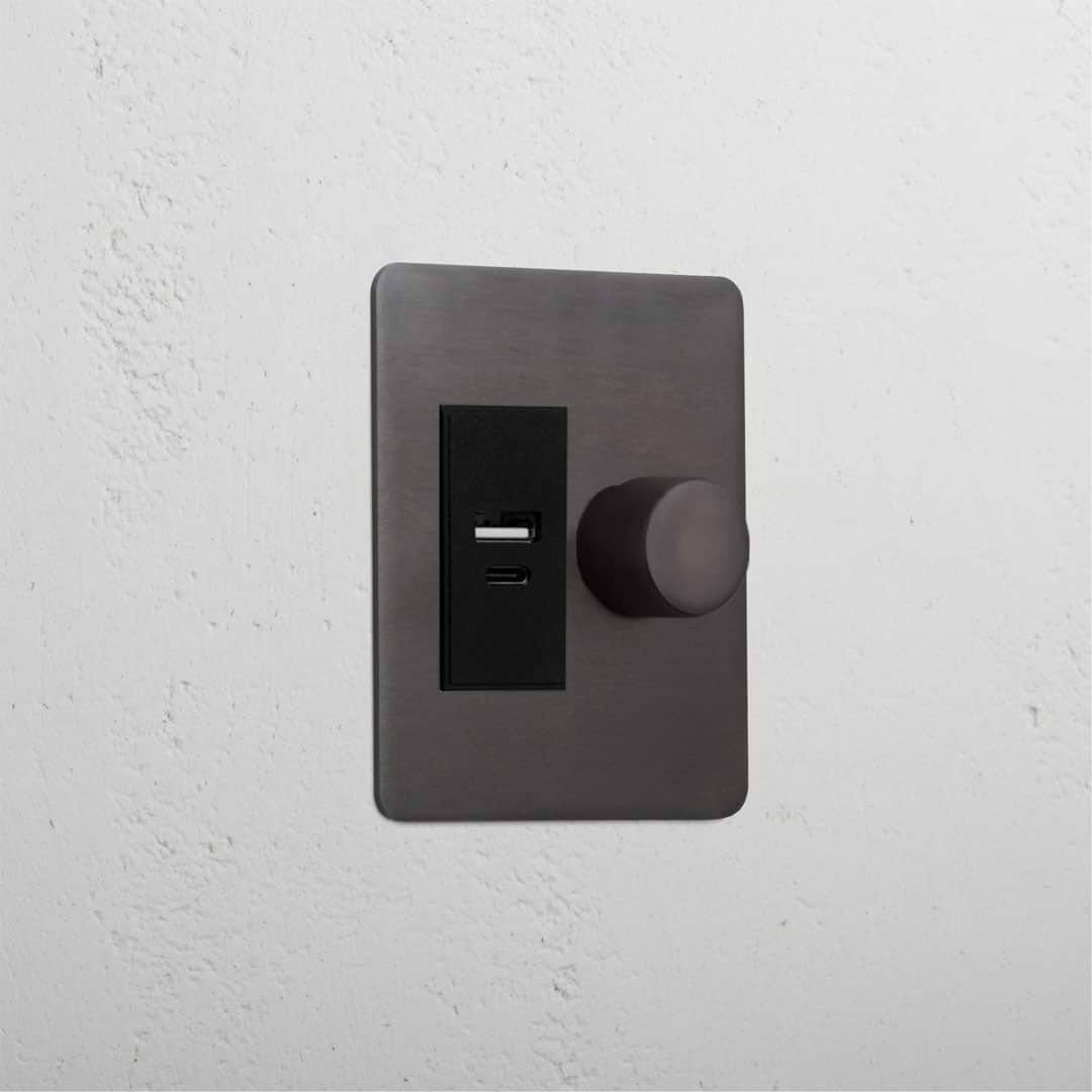 Bronze slimline 1 gang 2 way dimmer and USB A+C switch