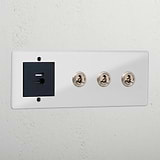 3G Toggle Switch + USB A+C Fast Charge - Clear Polished Nickel Black