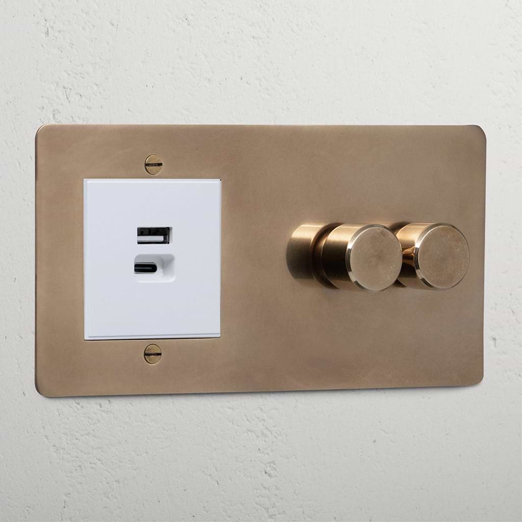Premium antique brass 2 gang dimmer switch and USB A+C fast charge socket white
