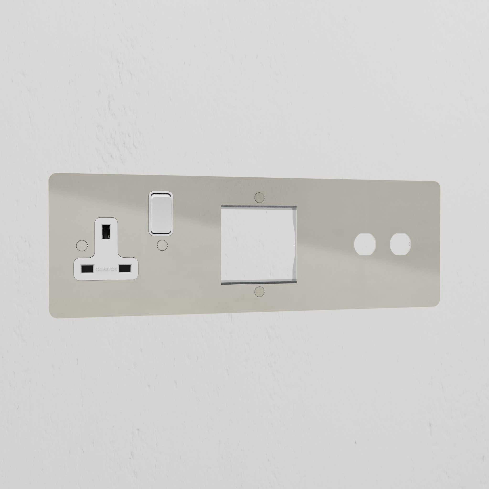 Single Socket UK & 1G 50mm Module & 2G Switch Plate - Polished Nickel White