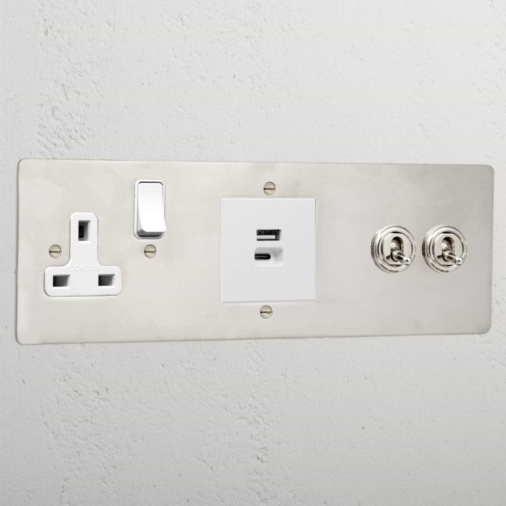 Elegant polished nickel 2 gang toggle and USB A+C fast charge and singe socket white