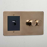 Designer antique brass 2 gang dimmer switch and USB A+C fast charge socket black