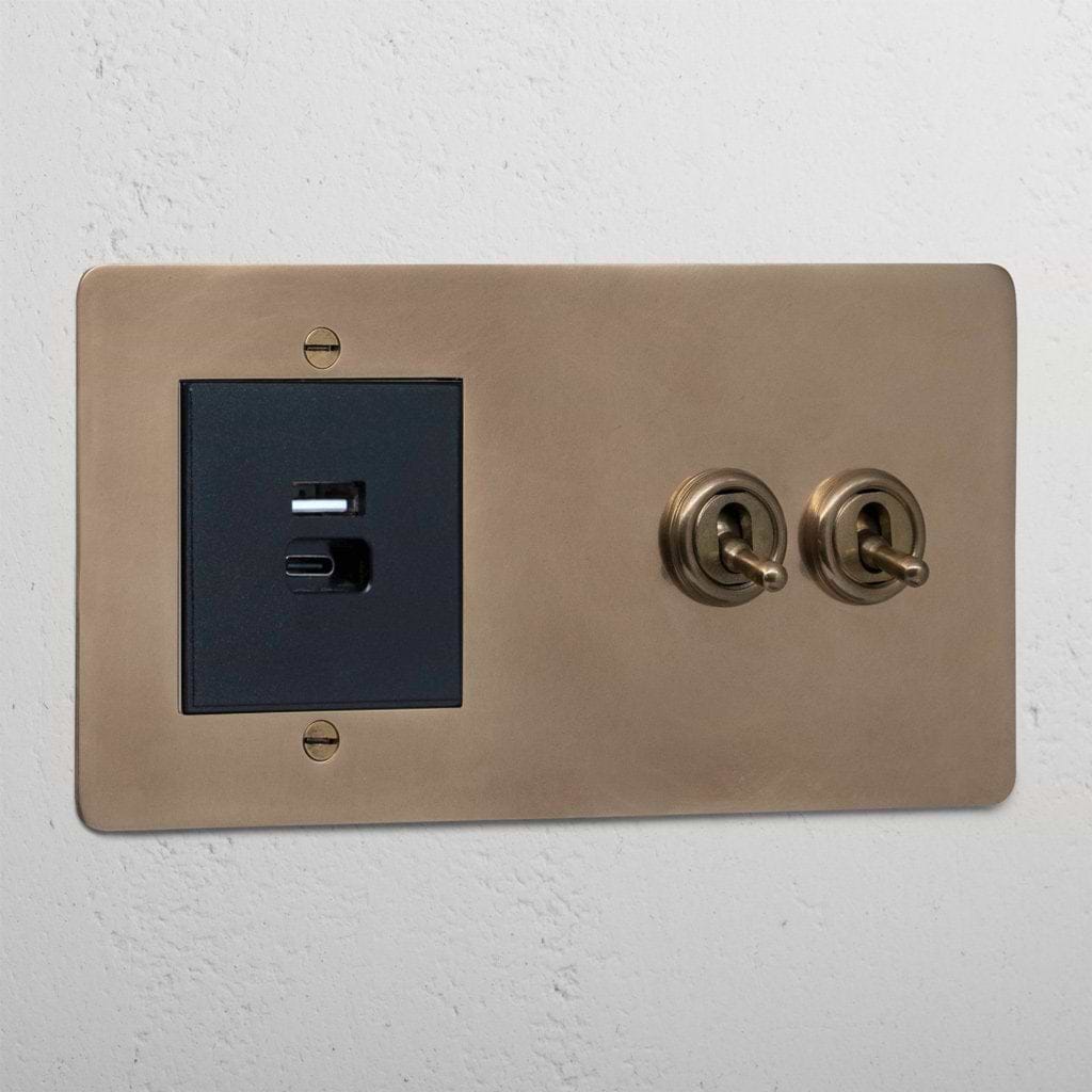 Luxury antique brass 2 gang toggle switch and USB A+C fast charge socket black