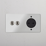 Kipphebel 2x & SchuKo-Modul in Zweifachrahmen rund – Durchsichtig Poliertes Nickel + Schwarz 