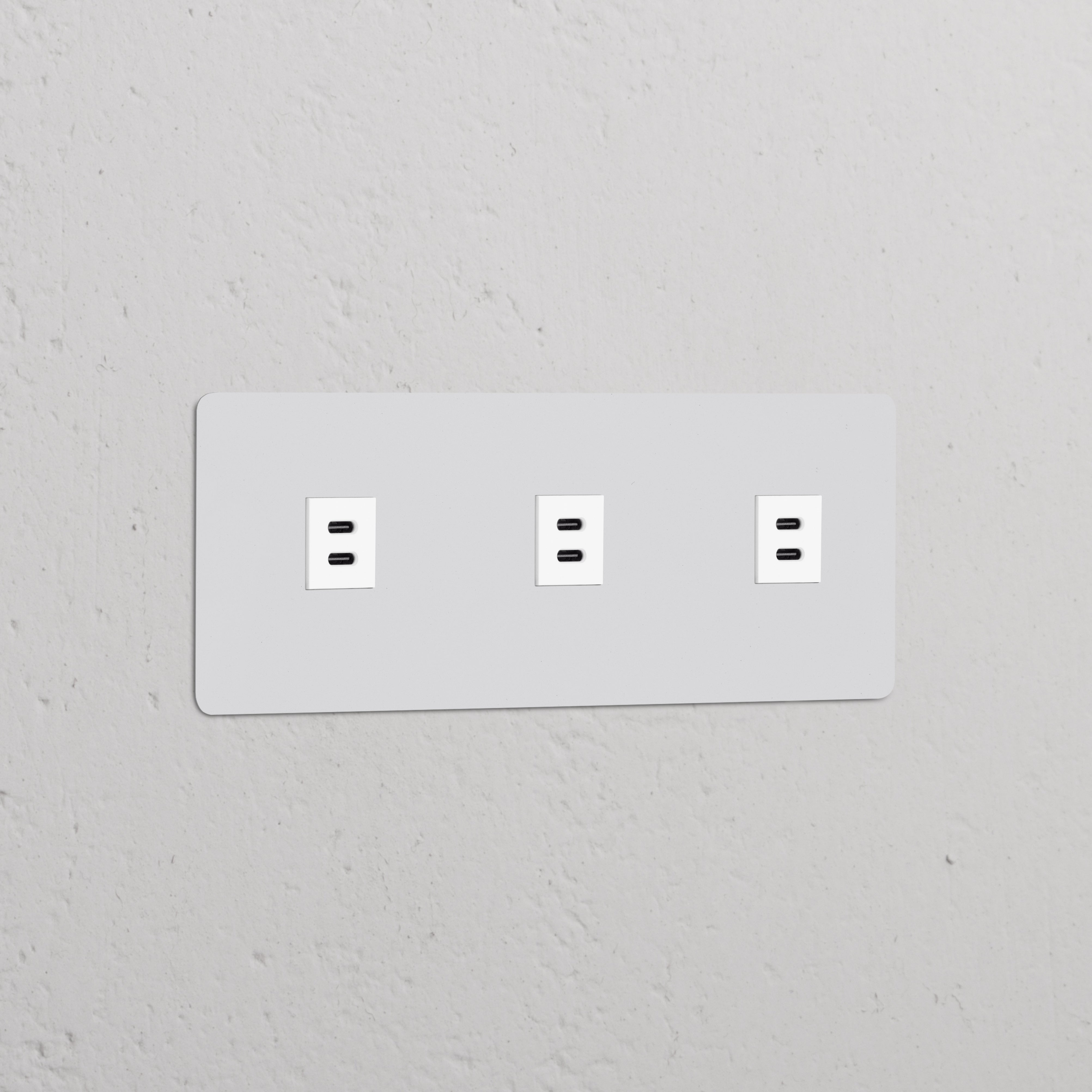 Lackierbarer Dreifachrahmen mit 3x USB-Anschluss, (30 W) für Steckdosen und Modul in Weiß auf grauer Wand.
