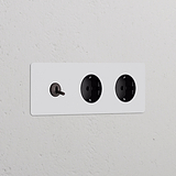 Dreifachrahmen mit Kipphebelschalter + 2x Schuko Typ F runder Steckdoseneinsatz – Lackierbar + Bronze + Schwarz