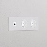 Dreifachrahmen mit USB-Anschluss (30 W) + 2x Schuko Typ F runder Steckdoseneinsatz – Lackierbar + Weiß