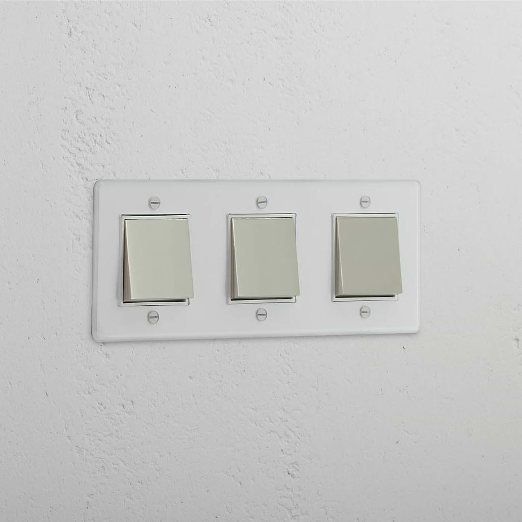 Wippschalter mit Dreifachfunktion – Poliertes Nickel + Weiß + Transparent – Beleuchtungszubehör mit mehreren Bedienelementen